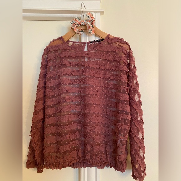 Zara ruffled sheer, pink/mauve long sleeve blouse boho-size L, NWT Easter color - Picture 2 of 10